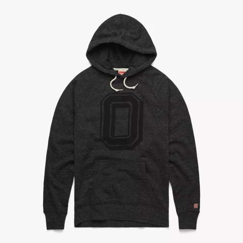 black hoodie with a black block o on a white background
