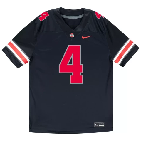 front of a black #4 ohio state jersey on a white background
