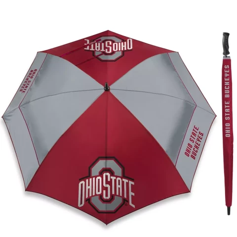 red and gray opened umbrella with ohio state logos and 