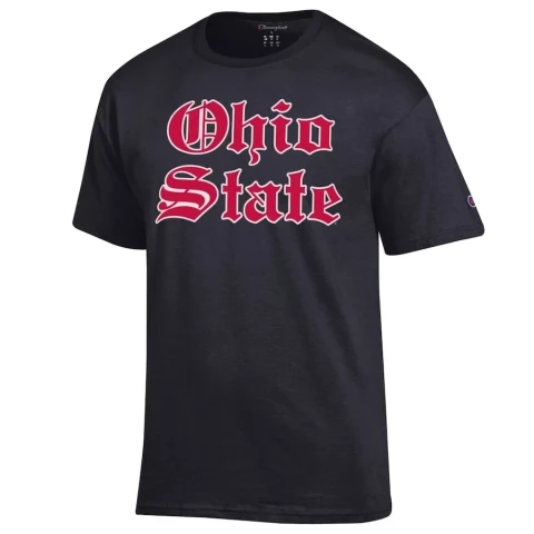 black shirt with red Ohio state text in old english font on a white background