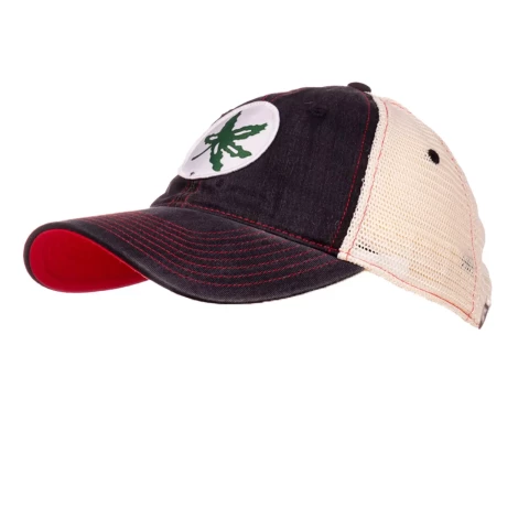 cream and gray trucker hat with helmet decal on the front