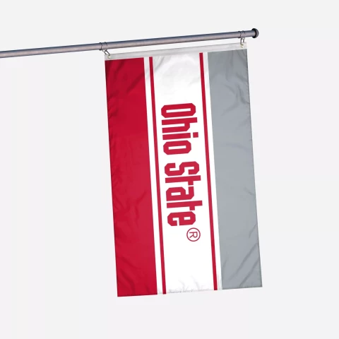 red, white and gray striped flag with ohio state word mark in the white region. 