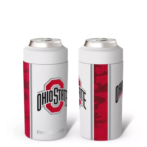 white ohio state logo on a frost buddy can cooler 