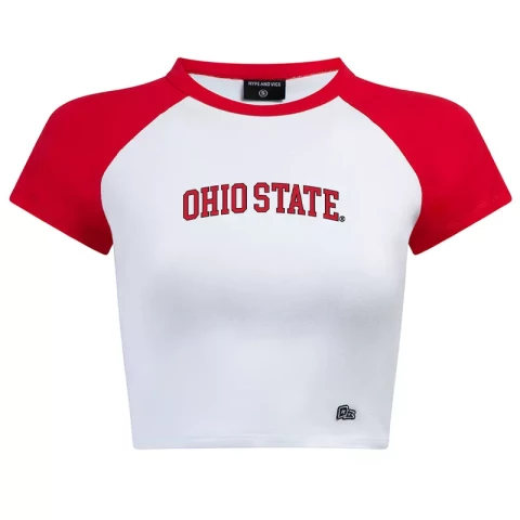 white and red ohio state cropped baby tee on a white background