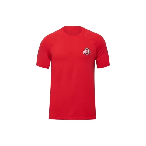 red shirt with ohio state spirit mark on the chest on a white background 