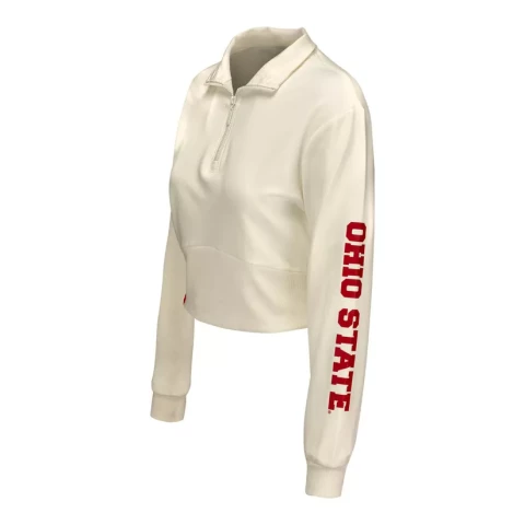 cream colored cropped sweater with a collar and red 