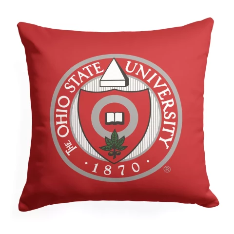 ohio state seal design on a red pillow on a white background