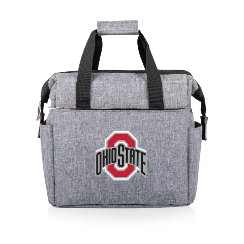 gray lunch box with an ohio state logo on a white background