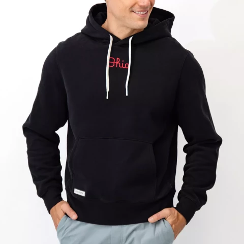 one model wears a black hoodie with red script ohio on the chest 