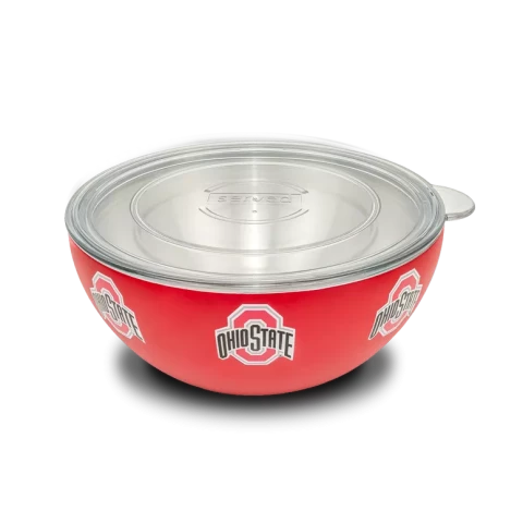 red serving bowl with ohio state logos placed evenly around the outside of the bowl