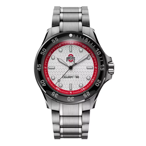 a silver watch with an ohio state + national champions logo on the watch face 