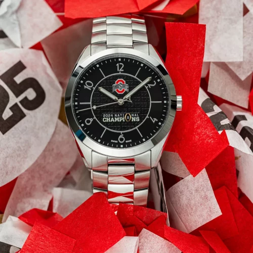 silver watch with an Ohio state logo and 2024 national champions logo on the watch face. set in red and white confetti