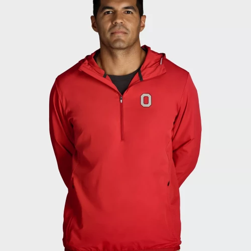 Red pullover 1/4 zip with block o on left chest.