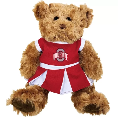 brown stuffed animal bear wearing a red and white ohio state cheerleading outfit 