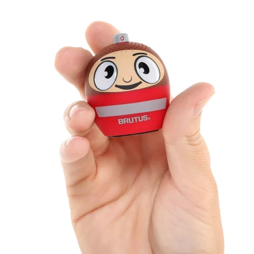 a small bluetooth speaker shaped by Brutus Buckeye being held by a model's hand 