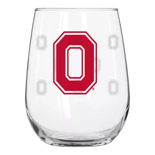 stemless wine glass with red and white Block O's 