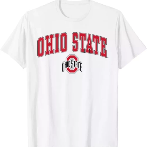 white tee with an ohio state logo and ohio state across the chest