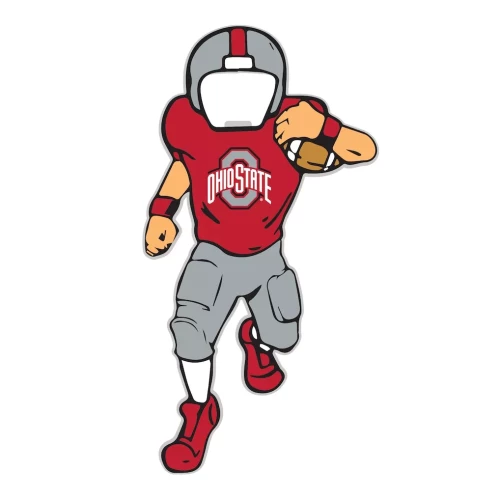 An Ohio State football player illustration wearing a red jersey, silver football helmet, gray pants, and red cleats while running and holding a football with an opening on the face against a clean white background.