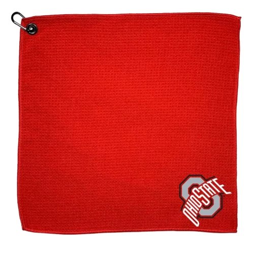 red golf towel with an ohio state logo in the corner