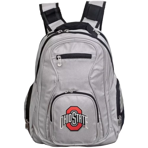 A gray Ohio State laptop backpack featuring black padded shoulder straps, dual front zippered compartments, and the official logo on the front pocket against a clean white background.