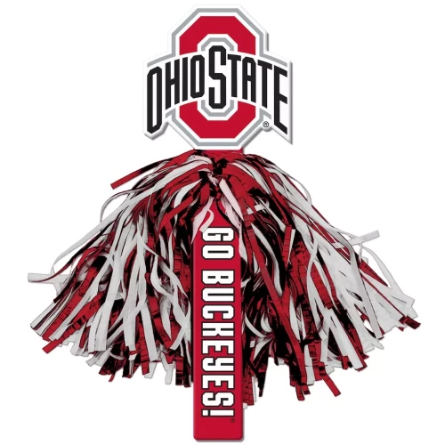 An Ohio State Buckeyes red and white mascot pom handle featuring a handle that reads 
