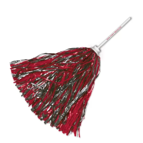 A scarlet and gray pom pom featuring a white handle against a clean white background.