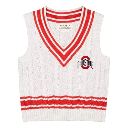 sweater vest with a red and white stripe on the collar and the bottom with an ohio state logo on the chest 