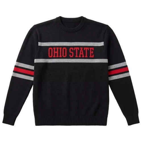 black sweater with red and gray stripes and red text saying 