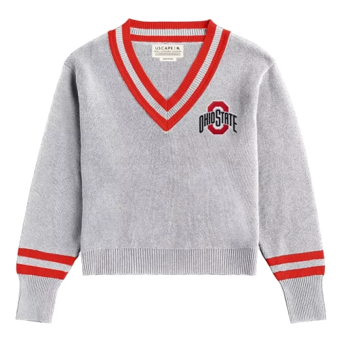 gray sweater with a red striped collar and an ohio state logo on the left chest 