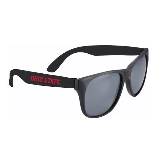 A pair of black retro sunglasses featuring dark lenses and the red Ohio State lettering on the temple arm against a clean white background.
