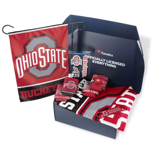 An Ohio State Buckeyes Fanatics tailgate gift box set featuring a team flag, can koozies, and branded party supplies against a clean white background.