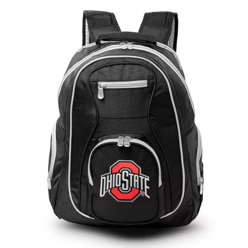 A black Ohio State Buckeyes laptop backpack featuring padded shoulder straps, dual front zippered compartments, and the official  logo on the front pocket against a clean white background.