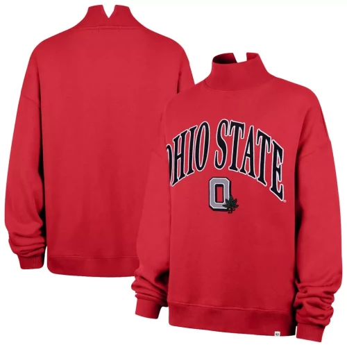 Red mock neck sweatshirt with Ohio State wordmark center chest, under Gray Block O with Buckeye leaf