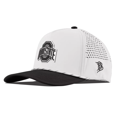 white hat with a black brim and a black ohio state logo on the front