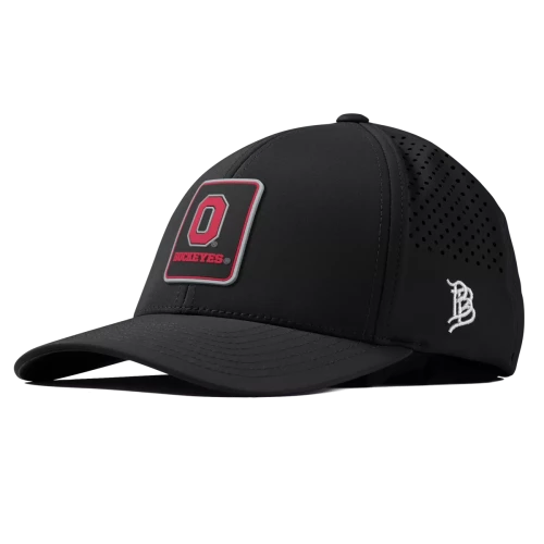 red block o patch logo on the front of a black hat