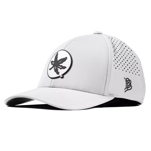 White hat with a helmet decal on the front 