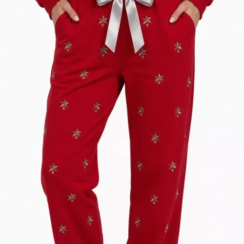 Red sweatpants with embroidered small gray buckeye leaf's