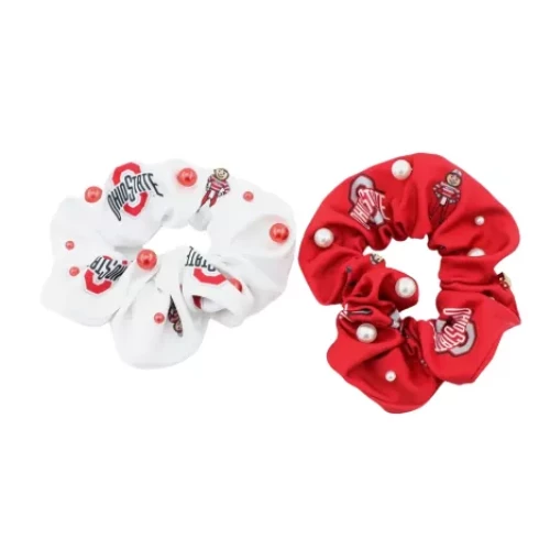 red and white scrunchies with ohio state logos and pearl embellishments 