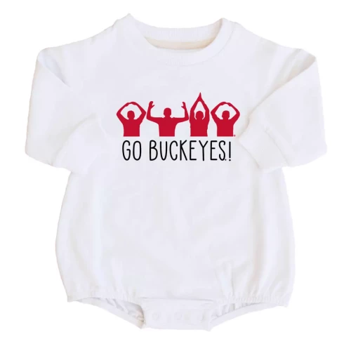 white baby romper with OHIO silhouette in red and go buckeyes! in black text