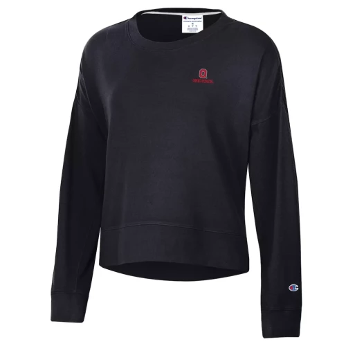 black crewneck with red text and red block o on the chest