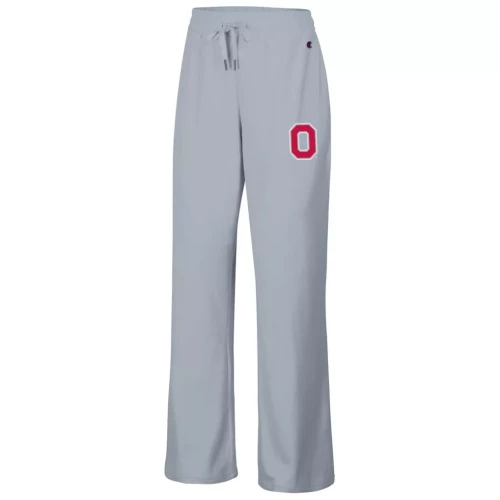 gray pants with red block O on the hip 