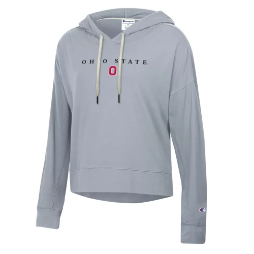 a gray ohio state sweatshirt with a hoodie on a white background