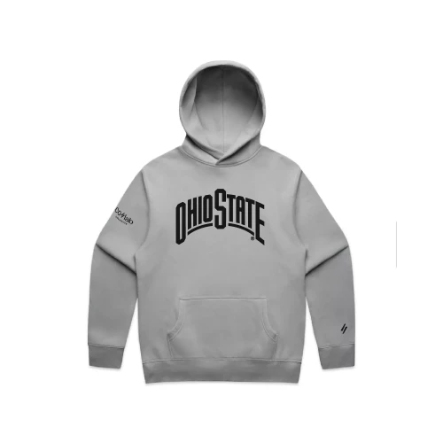 gray hoodie with black Ohio State wordmark on the chest 