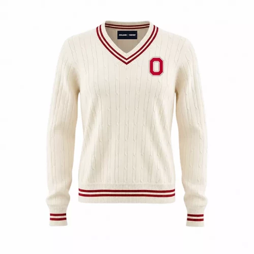 cream cricket sweater with a red block o on the left chest 