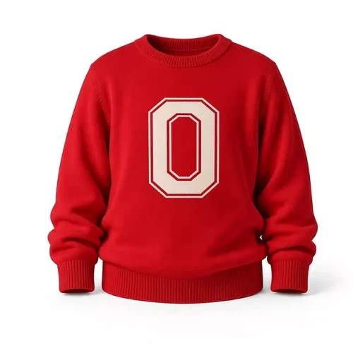 red toddler sweater with a cream colored block O in the center chest