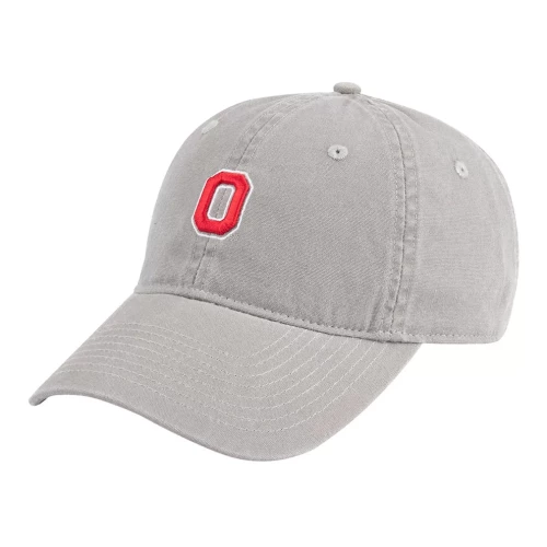 a gray hat with a red block o logo on the front