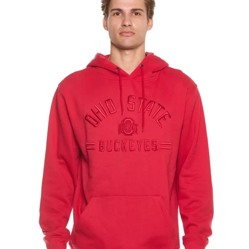 Red Tonal hoodie with ohio state wordmark curved on chest, ohio state logo centered, buckeyes underneath.