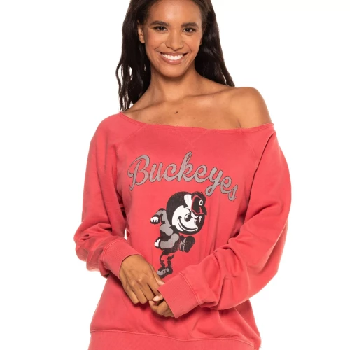 Off shoulder red sweatshirt with script buckeyes and running brutus