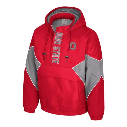 Scarlet and gray windbreaker jacket with hoodie and ohio state logos on the chest 