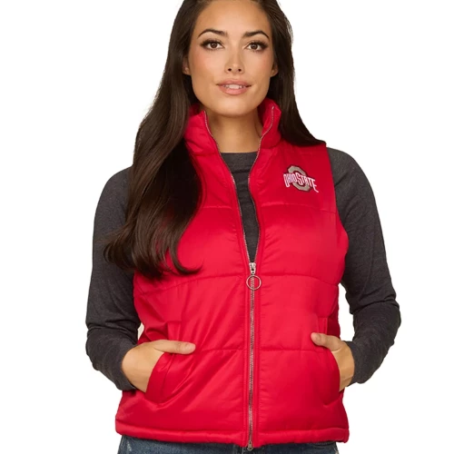 Red Puffer Vest with full color Ohio state logo on left chest.